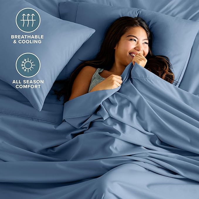 Bare Home Hotel Luxury Full XL Sheet Set, Extra Soft, 6 Piece Set, Deep Pockets, Easy Fit, Cooling & Breathable, Wrinkle, Fade, Stain Resistant, Includes 4 Pillowcases (Full XL, Coronet Blue)