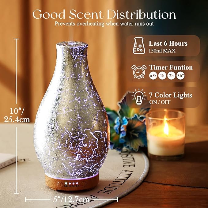 Porseme 100ml Silver-Plated Volcano Essential Oil Diffuser 3D Glass - Elegant and Effective Aromatherapy with 7 Color Changing LEDs and Waterless Auto-Off BPA Free for Home Yoga Leisure SPA Gift