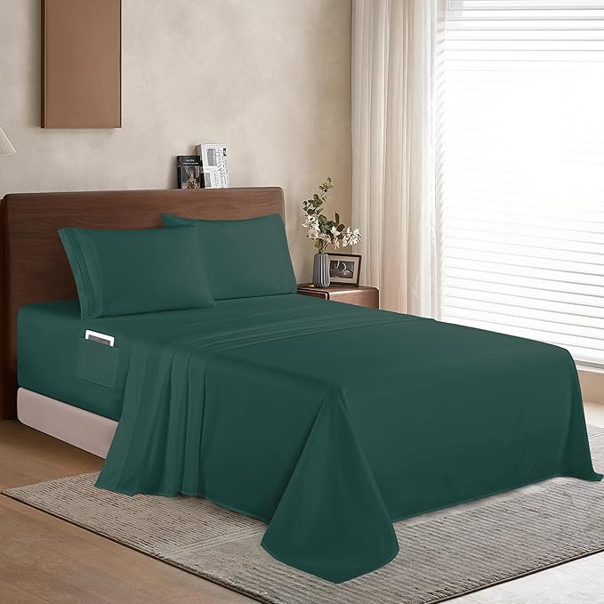Elegant Comfort Luxury 1500 Premium Hotel Quality Microfiber 4-Piece Sheet Set - Soft, All Around Elastic 18-24 Inches Deep Fitted Sheet - Extra Deep Pocket Sheets, Queen, Hunter Green