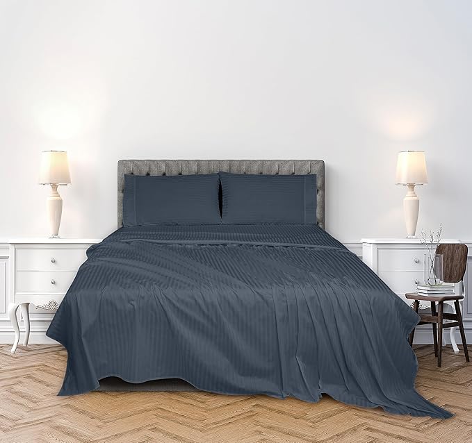ROYALE LINENS 300 Thread Count 100% Long Staple Combed Cotton Printed Sheet Set - 4 Piece Full Bed Sheets - 1 Fitted, 1 Flat, 2 Pillow Cases -Soft Cool & Crisp Sheet Set (Full, Stripe Navy)