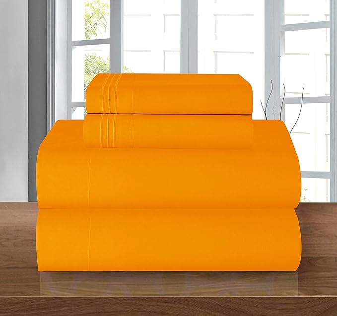 Elegant Comfort Luxury 1500 Premium Hotel Quality Microfiber 4-Piece Sheet Set - Wrinkle Resistant, All Around Elastic Fitted Sheet, Deep Pocket up to 16", Queen, Orange , Modern