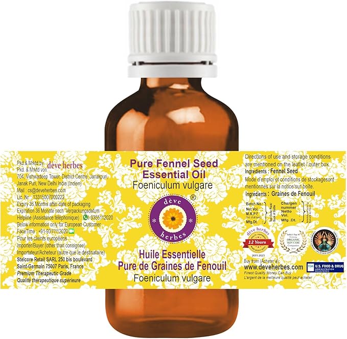 Deve Herbes Pure Fennel Seed Essential Oil (Foeniculum vulgare) Steam Distilled (Pack of Three) 100ml X 3 (10 oz)