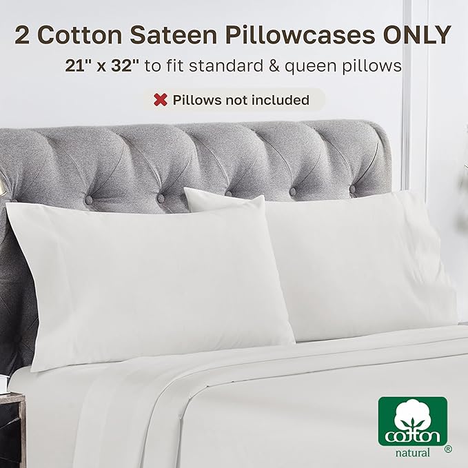 California Design Den Pillow Covers Queen Size Set of 2-1000 Thread Count Sateen, Soft & Thick 100% Cotton Pillowcases Standard/Queen, Breathable Bedding - True Ivory