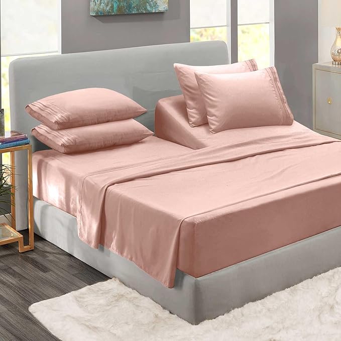 Clara Clark Flex Top King Sheets - Hotel Luxury 6 Piece Bed Sheets for Top Split King Bed - Soft Bedding Sheets & Pillowcases, Head Split King Size. Peach Beige