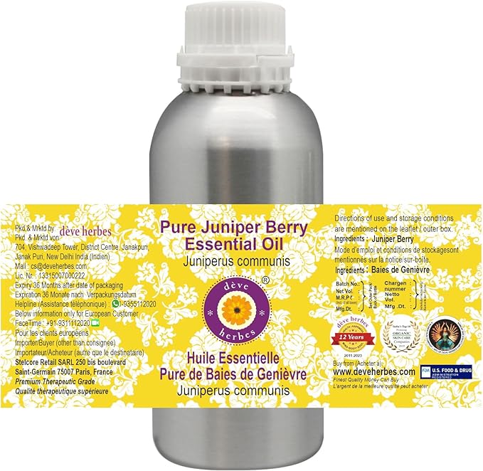 Deve Herbes Pure Juniper Berry Essential Oil (Juniperus communis) with Glass Dropper Steam Distilled 15ml (0.50 oz)