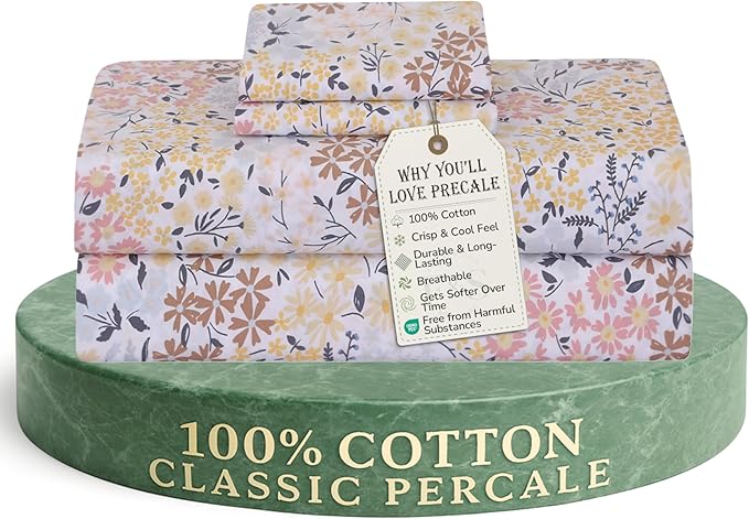 Feather & Stitch Softest 100% Cotton Sheets, 300 Thread Count Percale Weave Bedding, 16" Deep Pocket, Cooling Sheets, Breathable Bed Set, Hotel Premium Quality (King, Victorian Floral)