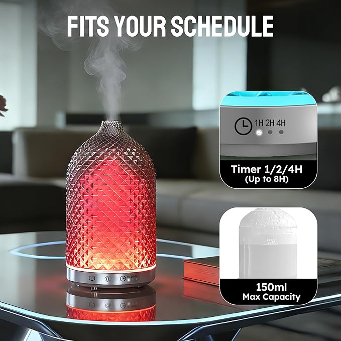 Essential Oil Diffuser 150ml, Glass Aromatherapy Diffuser with Ultrasonic Cool Mist, 7 Color LED Lights, 1/2/4H Timer, Quiet Auto Shut-Off Oil Diffuser for Bedroom, Home, Office (Silvery)