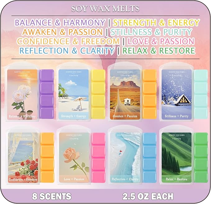 SCENTORINI Wax Melts, 8 Pack Soy Wax Cubes for Relax Healing, Natural Candle Wax for Warmer, Long-Lasting Highly Scented Wax Melts Tarts Gift Set for Home Fragrance