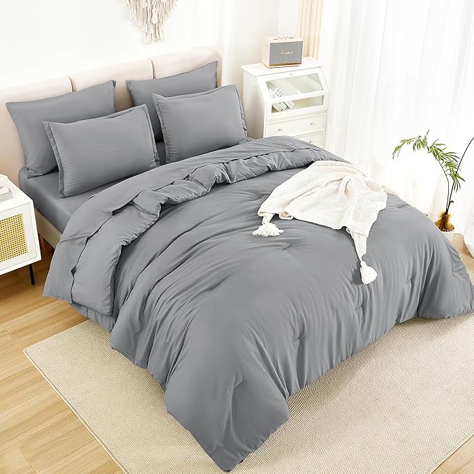 Litanika California King Comforter Set Medium Gray - 7 Pieces Bed in a Bag Cal King Bedding Comforter Sets, Plain Lightweight Bed Set with Comforter, Sheets, Pillowcases & Shams