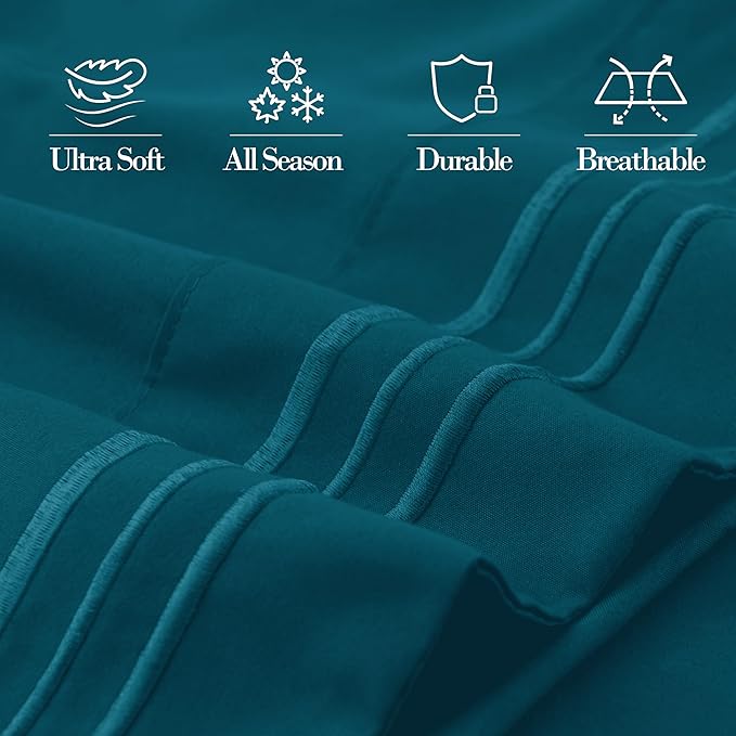 Mocassi 2-Piece Premium King Pillowcase Set 1800 Series Hotel Quality Microfiber - Soft and Breathable with 3-Line Embroidery Wrinkle and Stain Resistant, Easy Care, 20" x 40", Midnight Teal