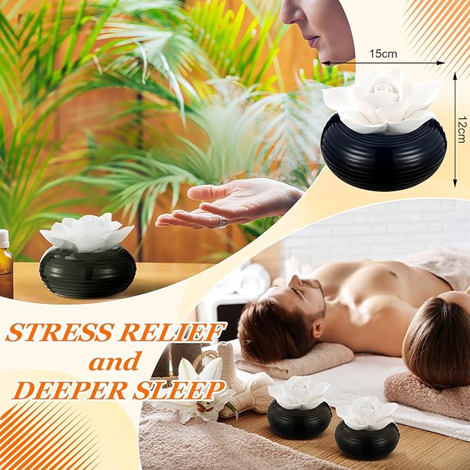 Honeydak 3 Pcs Reedless Ceramic Diffuser Set, Porcelain White Flower Aromatherapy Essential Oil Diffuser for Home Office Bathroom Tabletop Decor, Non-Electric, Valentines Day Gift (Camellia)