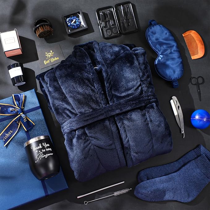 Nuogo 15 Pcs Birthday Gifts for Men Beard Care Set for Him Dad Birthday Gifts Basket Ideas Kit for Men Tumbler Bath Robe for Father's Day Dad Husband Boyfriend Box(Unhooded,Navy)