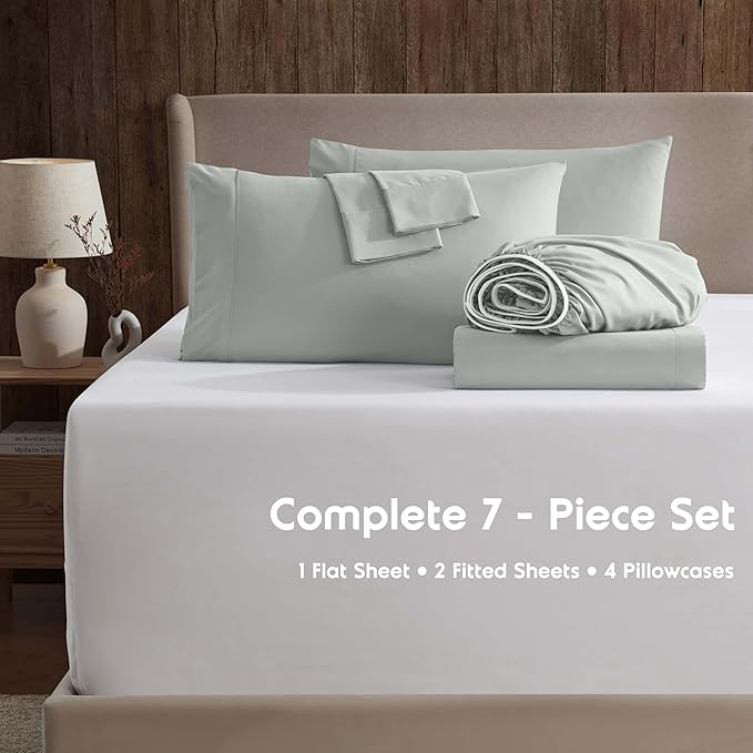 Nestl Extra Deep Split King Sheet Set - 7 Piece Breathable & Cooling Sheets - Hotel Luxury Bedding Set w/18-24 Inch Deep Pockets - Easy & Secure Fit - Super Soft, Wrinkle Free & Comfy - Sage Green