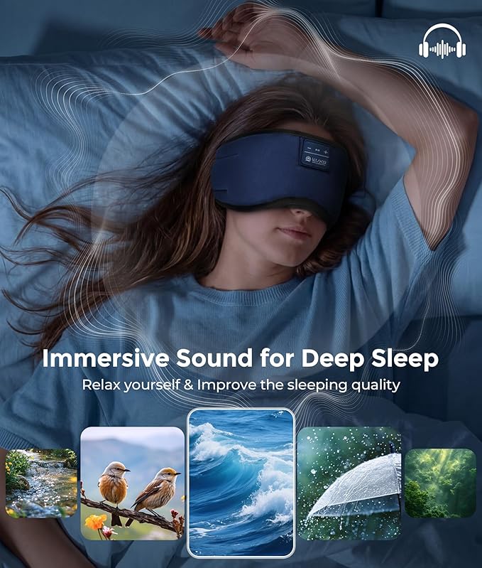 LOVE EYE Sleep Headphones Bluetooth 5.4 Sleeping Eye Mask Wireless Music Earphones with HD Speakers for Side Sleepers Total Blackout Cotton Mask for Travel, Office, Unique Gifts (Dark Blue)