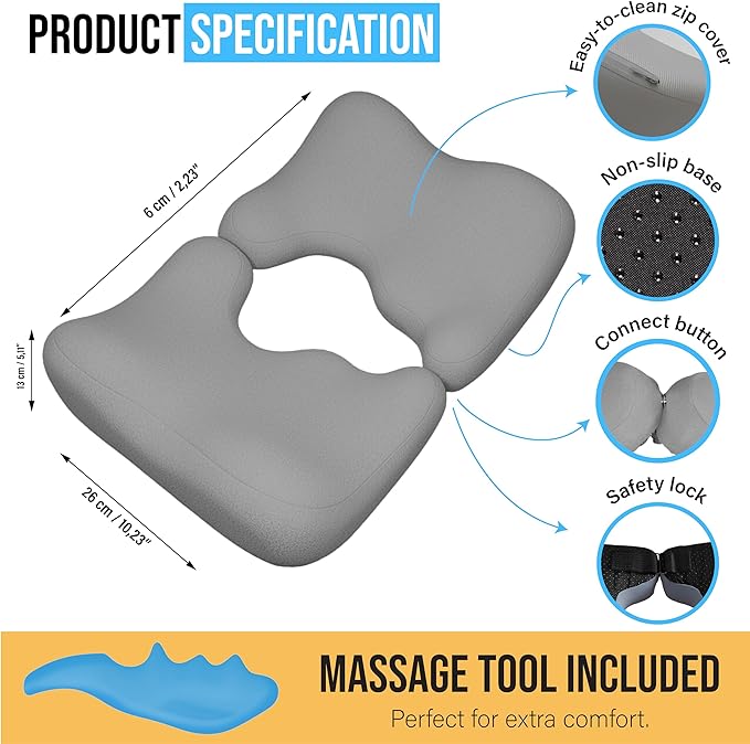 Memory Foam Bed Sore Cushion with T-Shaped Cutout – Pressure Relief Pillow for Tailbone, Coccyx & Butt | Dual-Piece Design with Massage Tool & Washable Cover for Sitting or Lying (Grey)