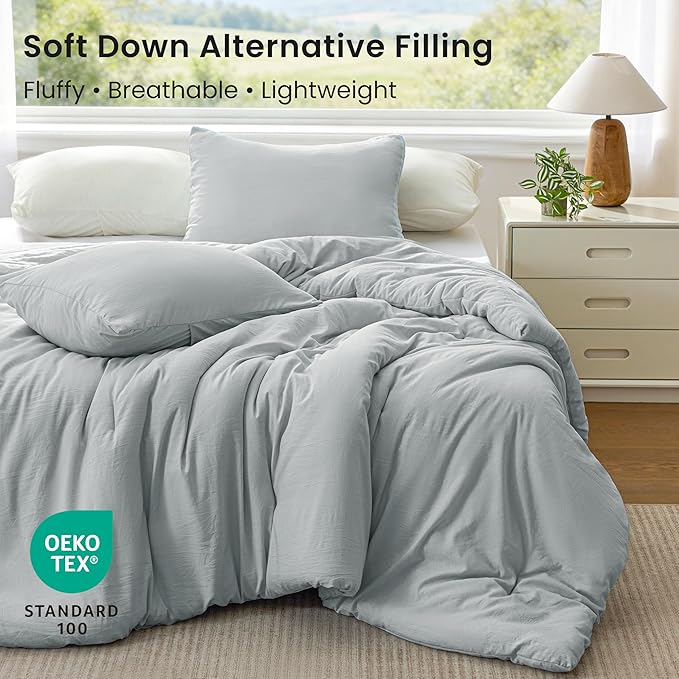 Love's cabin Queen Comforter Set Light Grey, 3-Piece 90% Polyester 10% Linen Blend Bedding Set, Linen-Look Textured Stripe, Down Alternative All-Season Comforter with Pillow Shams | Soft, Breathable, Lightweight
