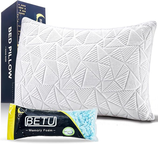 BETU Cooling Pillow Queen Size, Shredded Memory Foam Cool Pillow for Hot Sleepers, Adjustable Firm Soft Support Bed Pillows Perfect for Back Neck Pain and Side Sleeping with Pillow Case Cover, White