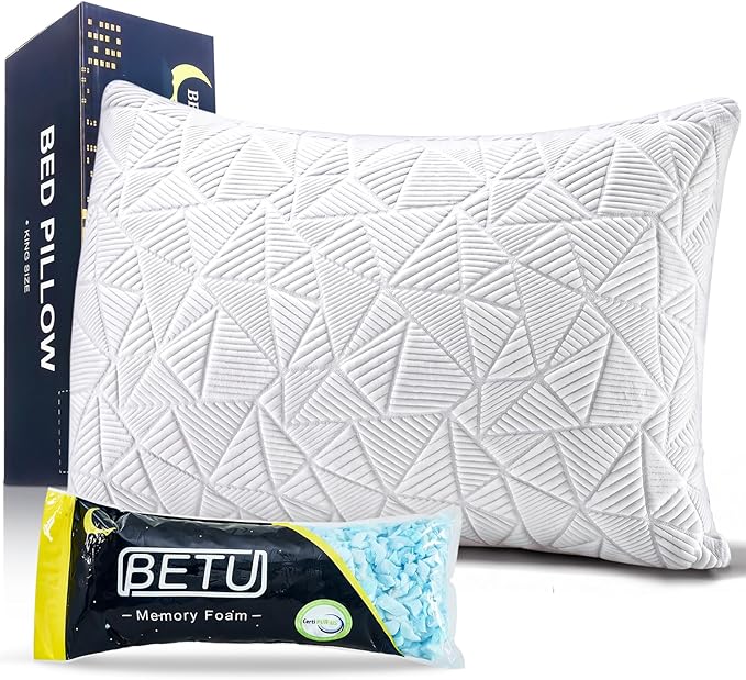 BETU Cooling King Size Pillow, Shredded Memory Foam Cool Pillow for Hot Sleepers, Adjustable Firm Soft Support Bed Pillows Perfect for Back Neck Pain and Side Sleeping with Pillows Case Cover, White