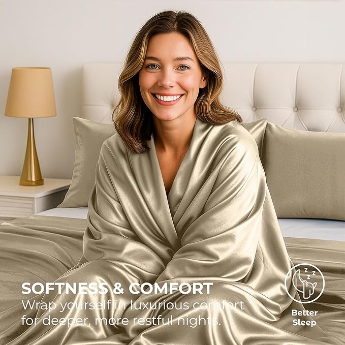 Satin Sheets Full [4-Piece, Champagne Gold] Hotel Luxury Silky Bed Sheets - Extra Soft 1800 Microfiber Sheet Set, Wrinkle, Fade, Stain Resistant - Deep Pocket Fitted Sheet, Flat Sheet, Pillow Cases