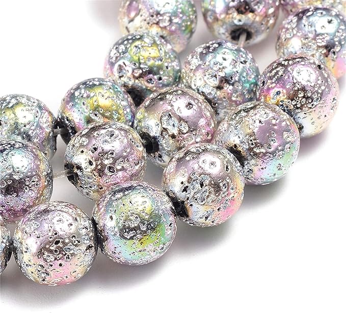Craftdady 225Pcs Natural Round Lava Stone Beads 8-8.5mm Rainbow Silver Volcanic Rock Gemstone Loose Beads Metallic Energy Healing Chakra Beads for Jewelry Craft Essential Oil Bracelet