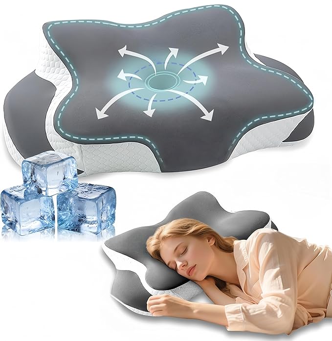 Memory Foam Cervical Pillow - Cooling Side Sleeper Pillow for Sleeping, Ergonomic Memory Foam Pillows for Neck Support, Contour Orthopedic Bed Pillow for Back Stomach Sleepers (Grey)