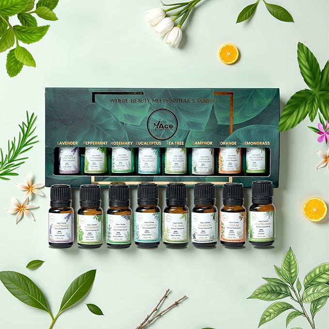 My ACE Pure Aromatherapy Pure Essential Oil Kit for Diffuser for Home, Candle Making Peppermint, Lavender, Eucalyptus, Tea Tree, Rosemary, Camphor, Lemongrass, Orange | 0.33 oz Each Set of 8
