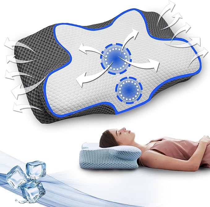 Cervical Memory Foam Pillow, Contour Pillows for Neck & Shoulder Pain, Ergonomic Orthopedic Sleeping Neck Contoured Support Pillow for Comfortable Side & Back Sleepers (Blue with White)