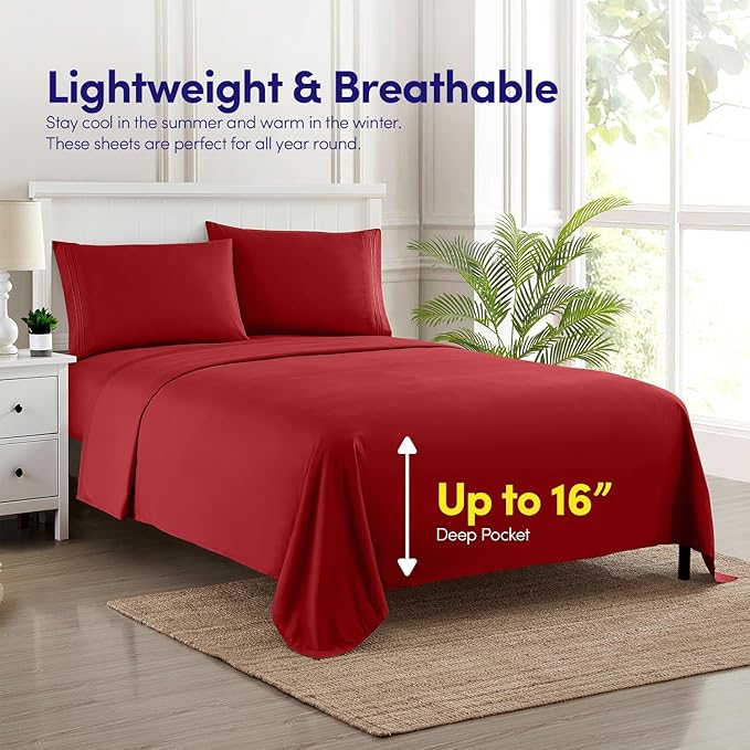 Supreme Collection Twin Red Twin Sheet Set - 3 Piece Bed Sheets and Pillowcase Set - Extra Soft, Deep Pocket Sheets, Elastic Corner Straps