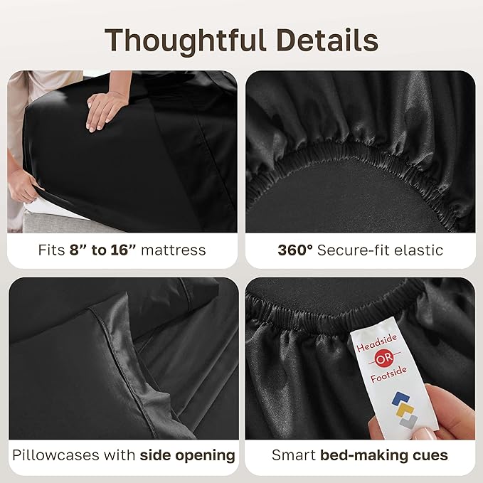 California Design Den Soft 100% Cotton King Size Bed Sheets Set, 400 TC Good Housekeeping Award Winner, Silky Smooth Sateen Weave with Deep Pockets, Breathable and Durable King Bedding Set - Black
