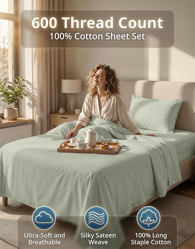 LANE LINEN 100% Cotton Twin XL Sheets Set - 600 Thread Count Premium Sateen Weave for Silky Feel On Skin - Breathable & Cooling Sheets for College Dorms & Single Beds - Oeko Tex Certified - Mineral