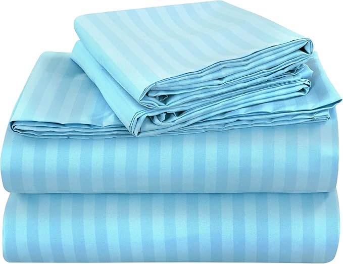 ROYALE LINENS 3 Piece Twin Sheets Set - Soft Brushed 1800 Microfiber - 1 Fitted, 1 Flat Sheet, 1 Pillow case - Wrinkle Free & Fade Resistant - Hotel Luxury Bed Sheets (Stripe Lake Blue, Twin)