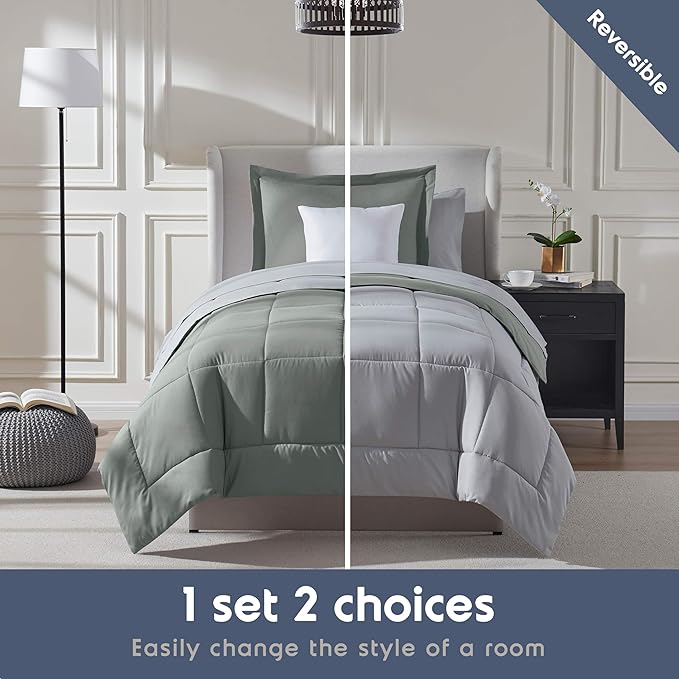 Nestl 7 Piece Twin Comforter Set – Sage Green Reversible Bed in a Bag – Complete Twin Size Bedding Set with Sheets, Set of 2 Cooling Pillows, Pillowcase and Sham