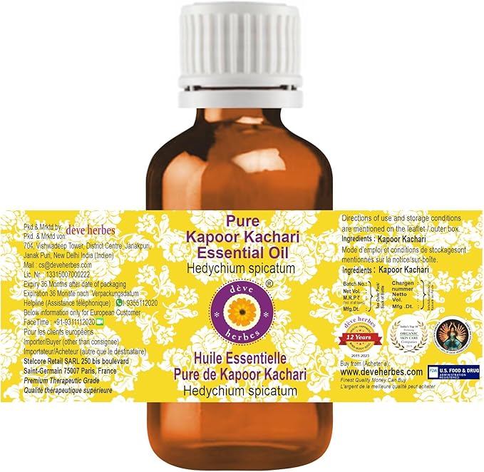 Deve Herbes Pure Kapoor Kachari Essential Oil (Hedychium spicatum) Steam Distilled (Pack of Three) 100ml X 3 (10 oz)