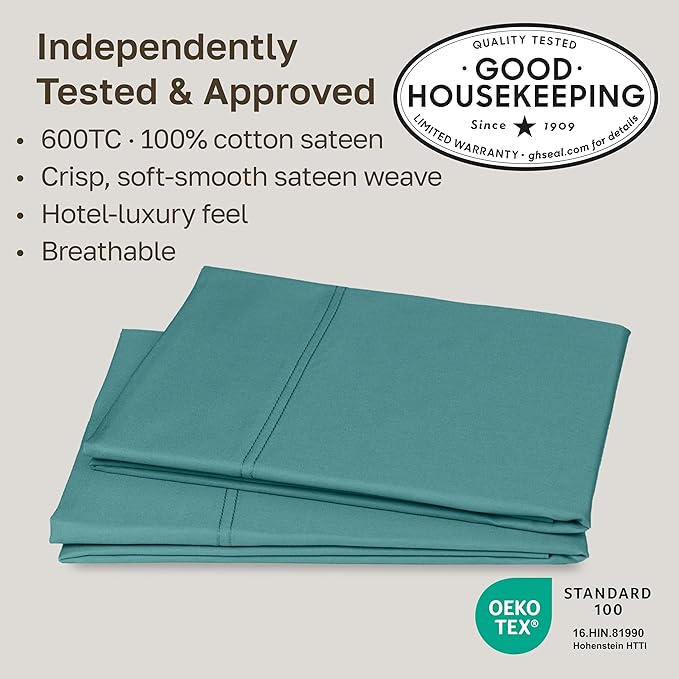 California Design Den Queen/Standard Pillow Cases Set of 2 - Premium 600 Thread Count, Soft 100% Cotton Queen Size Pillow Case, Crisp Sateen, Fits Standard & Queen Pillows - Teal