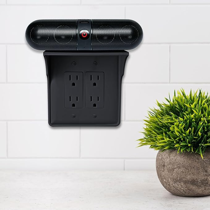 Storage Theory Power Perch Double Wall Outlet Shelf - Declutter & Reclaim Bathroom Counter Space - Alexa Stand, Apple Homepod Shelf, Toothbrush Holders Wall Mounted - Black, 1-Pack