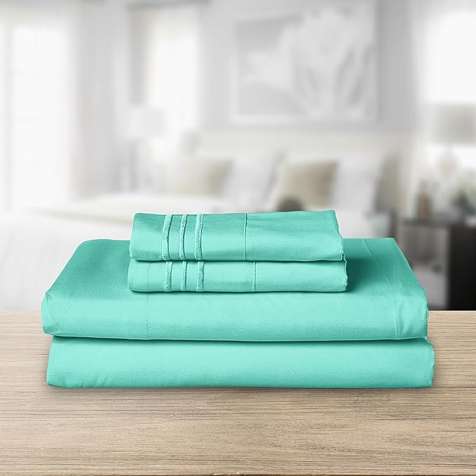 Elegant Comfort Luxurious 1500 Premium Hotel Quality Microfiber Three Line Embroidered Softest 4-Piece Bed Sheet Set, Wrinkle and Fade Resistant, Twin/Twin XL, Paradise Teal