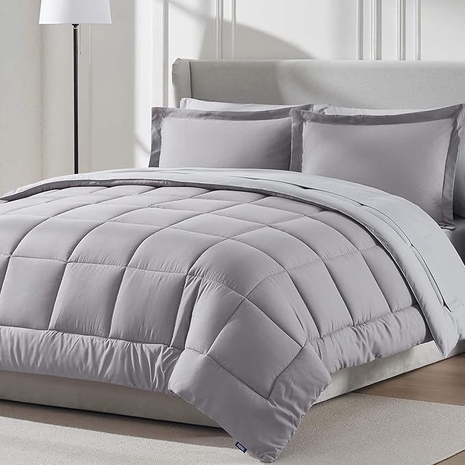 Nestl 9 Piece California King Comforter Set – Grey Lavender Reversible Bed in a Bag – Complete Cal King Size Bedding Set with Sheets, Set of 2 Down Alternative Pillows, Pillowcases and Shams