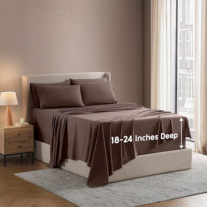Nestl Extra Deep King Sheet Set - 6 Piece Breathable & Cooling Sheets - Hotel Luxury Bedding Set w/18-24 Inch Deep Pockets - Easy & Secure Fit - Super Soft, Wrinkle Free & Comfy - Chocolate Brown