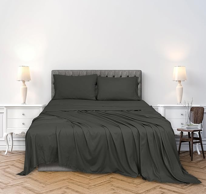 ROYALE LINENS 300 Thread Count 100% Long Staple Combed Cotton Sheet Set - 4 Piece King Bed Sheet 1 Fitted Sheet, 1 Flat Sheet, 2 Pillow Cases - Breathable, Cool & Crisp Percale Sheet Set (King, Black)