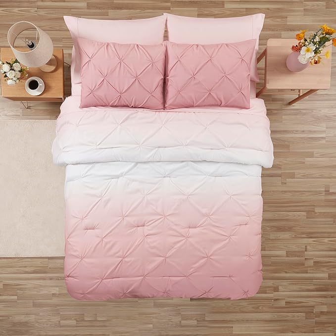 7 Piece Comforter Set Bed in a Bag Ombre Pintuck Design All Season Soft Down Alternative Bedding Comforter Set & Luxurious Matching Bed Sheets & Pillow Shams, Ombre Pintuck Blush, Full