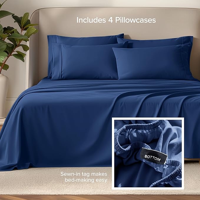 Bare Home Hotel Luxury Full Sheet Set, Extra Soft - 6 Piece Set - Deep Pockets - Easy Fit - Cooling & Breathable - Wrinkle, Fade, Stain Resistant - Includes 4 Pillowcases (Full, Dark Blue)