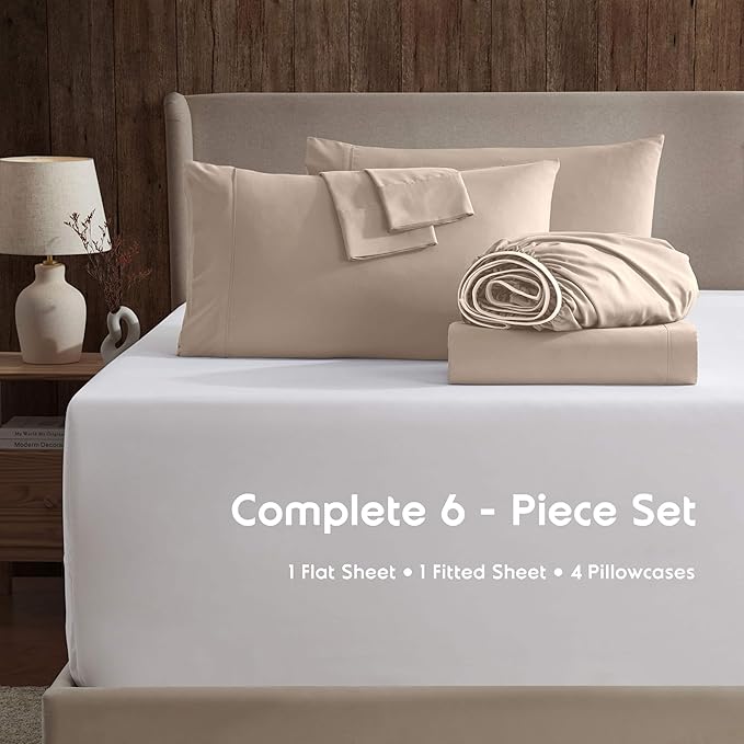 Nestl Extra Deep King Sheet Set - 6 Piece Breathable & Cooling Sheets - Hotel Luxury Bedding Set w/18-24 Inch Deep Pockets - Easy & Secure Fit - Super Soft, Wrinkle Free & Comfy - Taupe Sand