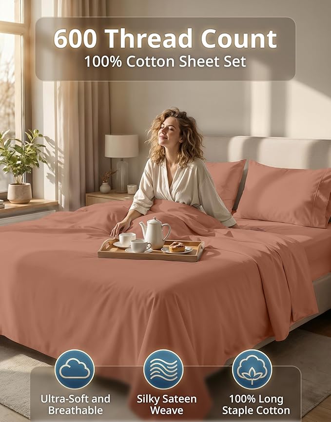 LANE LINEN 100% Cotton Full Size Breathable Sheets Set - Highly Durable 600 TC Sateen Weave - Extra Soft & Comfortable Bedding for a Good Night's Sleep - Fits Matresses Upto 15'' Deep - Rose Dawn