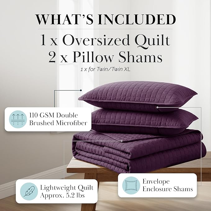 Southshore Fine Living, Inc. Twin XL Comforter Quilt Set, Dorm Bedding Essentials, Stain Resistant, Machine Washable Purple Bed Spread, Twin XL Quilt Bedspread Set with Matching Pillow Sham, Purple
