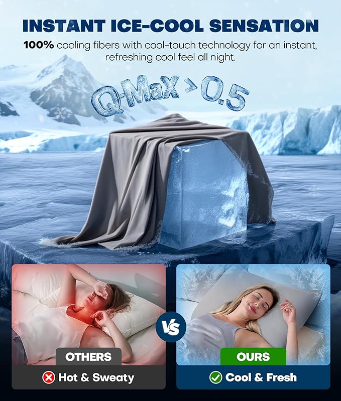 Ultra-Chill Cooling Pillowcase Set of 2 for Hot Sleepers, Softer Than Silk Pillow Cases for Protecting Hair & Skin, Breathable Bed Pillow Covers w/Zipper, Gifts for Women Men(Light Gray, King)
