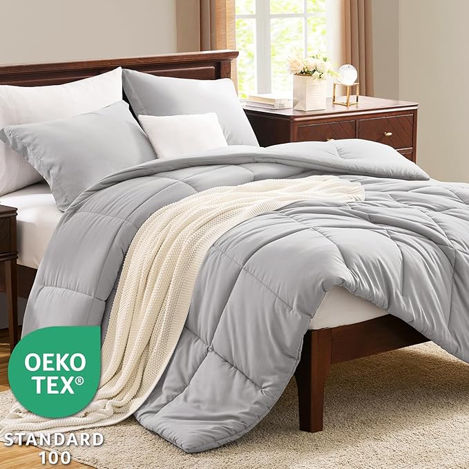 CozyLux Full Size Comforter Sets - French Grey Comforter Full Size, 3 Pieces Box Stitched Bed Set for All Seasons, Soft Lightweight Bedding Sets with 1 Down Alternative Comforter and 2 Pillow Shams
