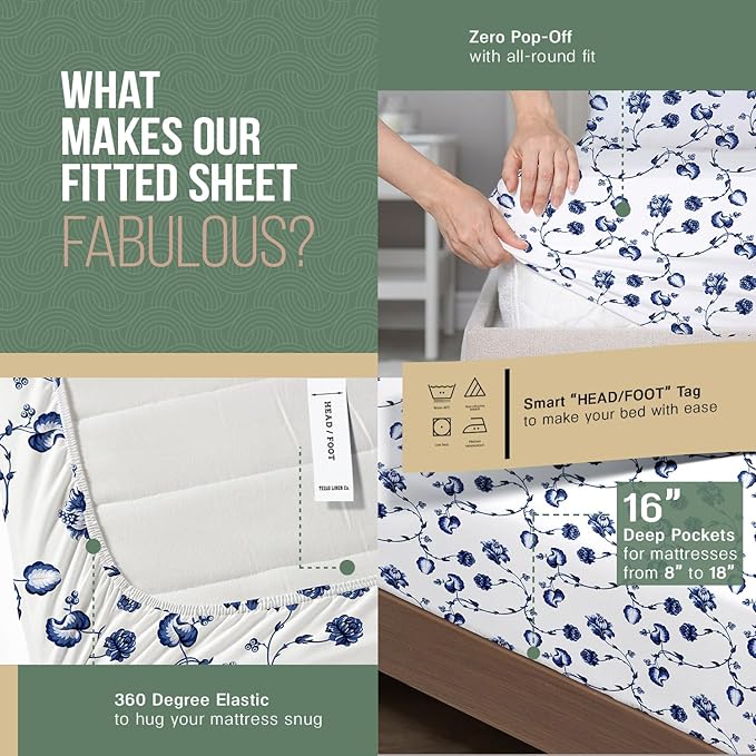 TEXAS LINEN CO. 100% Organic Cotton Printed Sheets Twin XL Size - 3 PC Organic Cotton Percale Sheets Twin XL (Floral Blue), Cooling Sheet for Dorm Room, 16" Deep Pocket Hotel Set - GOTS Certified