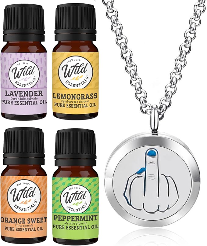 Wild Essentials Middle Finger Necklace Essential Oil Diffuser Kit, Lavender, Lemongrass, Peppermint, Orange Oils, 12 Refill Pads, Calming Aromatherapy Gift Set, Customizable Color Changing, Perfume