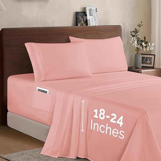 Elegant Comfort Luxury 1500 Premium Hotel Quality Microfiber 4-Piece Sheet Set - Soft, All Around Elastic 18-24 Inches Deep Fitted Sheet - Extra Deep Pocket Sheets, Twin/Twin XL, Dusty Rose