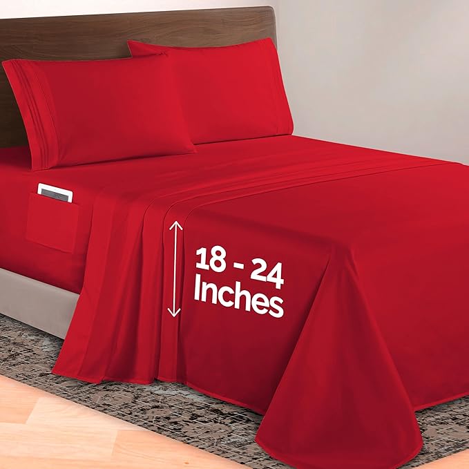 Elegant Comfort Luxurious 1500 Premium Hotel Quality Microfiber 4-Piece Sheet Set, 18-24 Inches Deep - Extra Deep Pocket Sheets - Ultra Soft 4PC Deep Pocket Sheets, Queen, Red